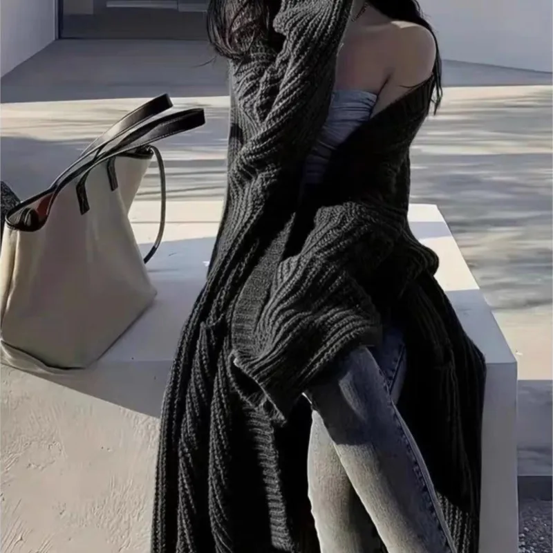 Frauen Lange Strickjacke Frühling Gestrickte Lose V-ausschnitt Herbst Winter Elegante Süße Oberbekleidung Damen Pullover Mantel Weiche Jacke Y2K Weibliche