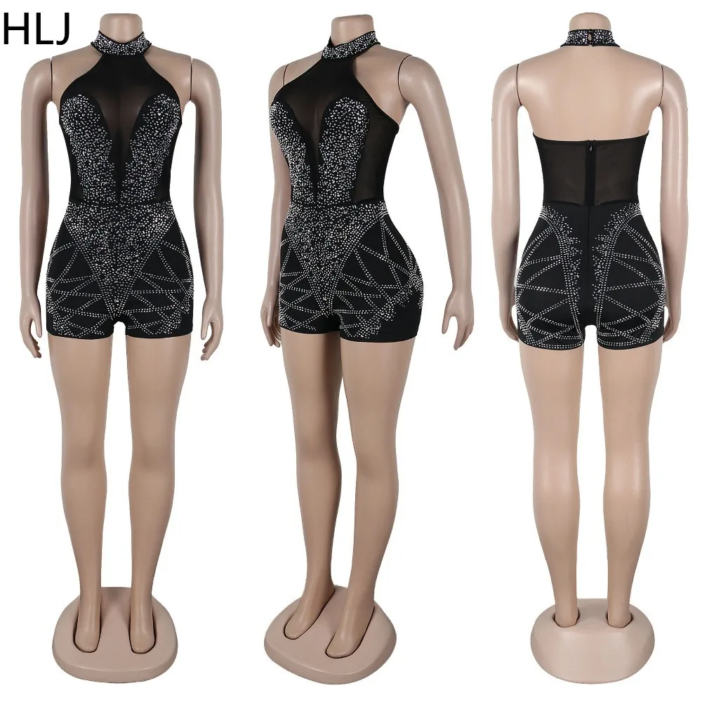 HLJ Black Fashion Mesh Perspective Rhinestone Bodycon Party Club Rompers Women Halter Sleeveless Backless Slim Jumpsuits 2024