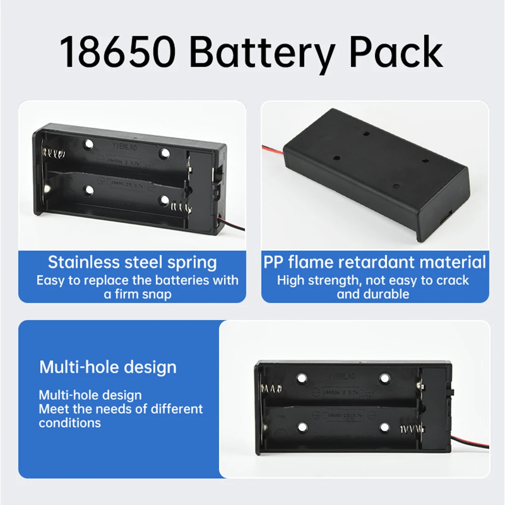 Portabatteria 18650 a 2 slot Connessione parallela Scatola batteria 18650 da 3,7 V con cavi Coperchio posteriore interruttore ON/OFF