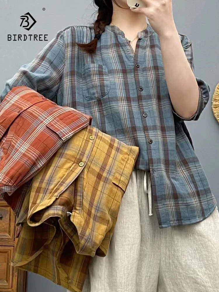 

New 2025 Summer Cotton Yarn Half Sleeve Shirt, Women V Neck Plaid Pocket, Mori Girl Retro Versatile Casual Loose Blouse T55546CC