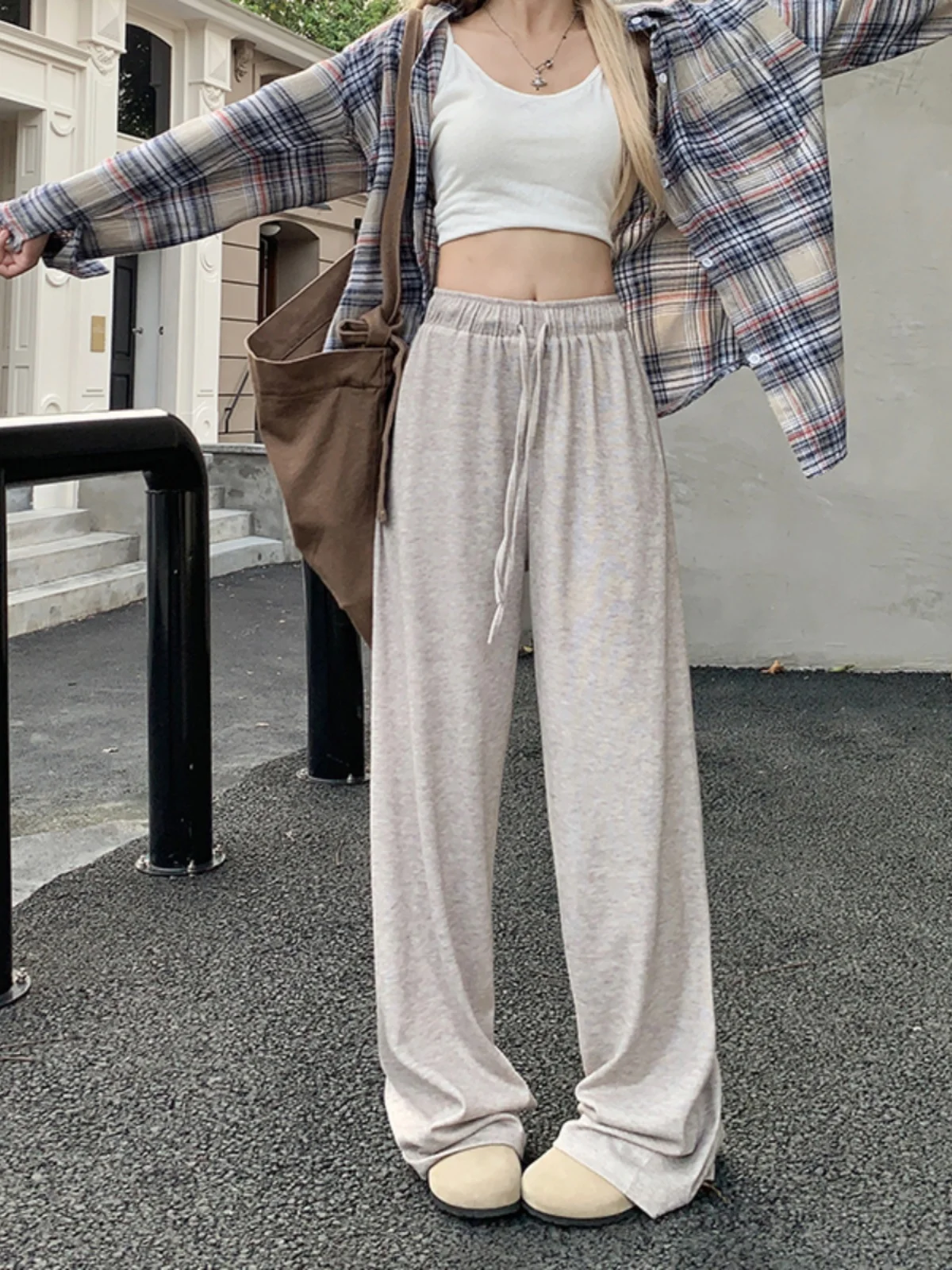 Drawstring Elastic High Waisted Floor Length Casual Pants For Women In Spring 2025 New Versatile Sweatpants Solid Grey Black