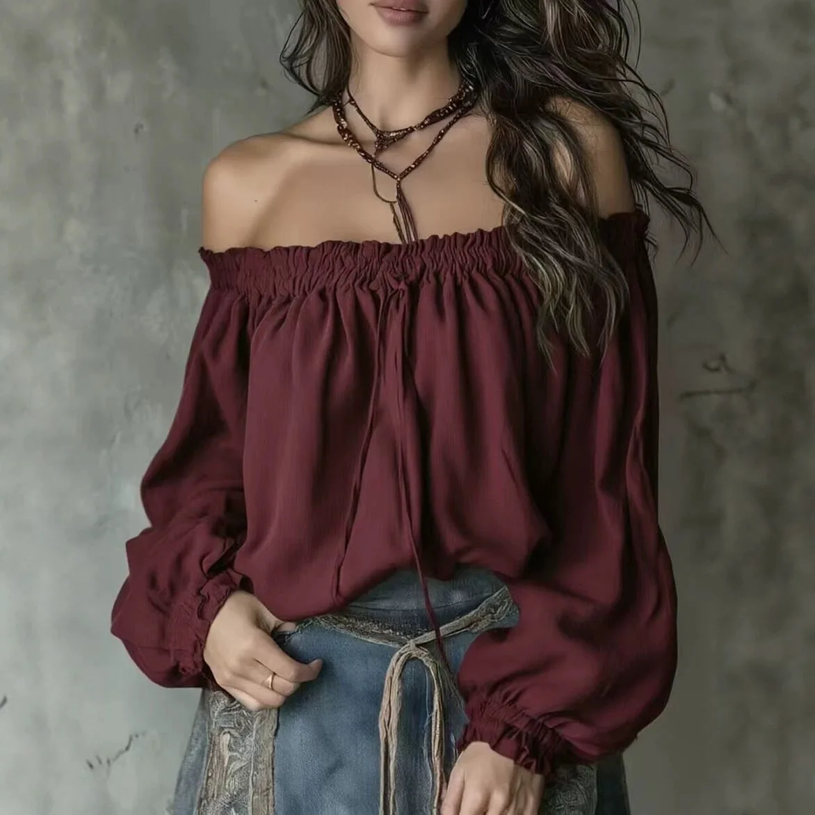 Fashion Women's Off Shoulder Long Sleeve Top Elastic Ruffle Neck Lantern Sleeve Elegant Commute Office Daily Wear Casual Blouse