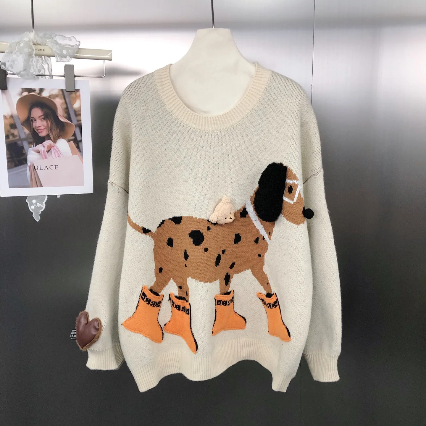 Autumn Winter New American Retro Design Fashion Puppy Jacquard 3D Cartoon Loose Pullover Long Sleeve Sweater Anime Hoodie