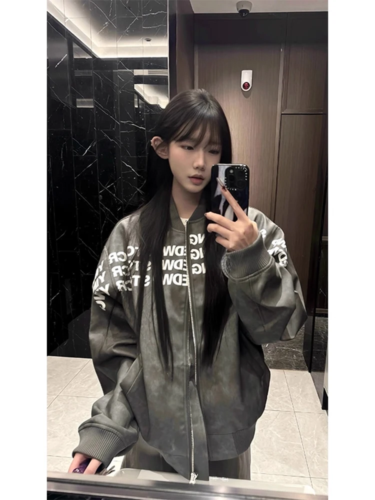 

Thiened ретро американская искусственная кожа с буквенным принтом хлопковая куртка зимнее теплое хлопковое пальто с бейсбольным воротником модное подростковое модное