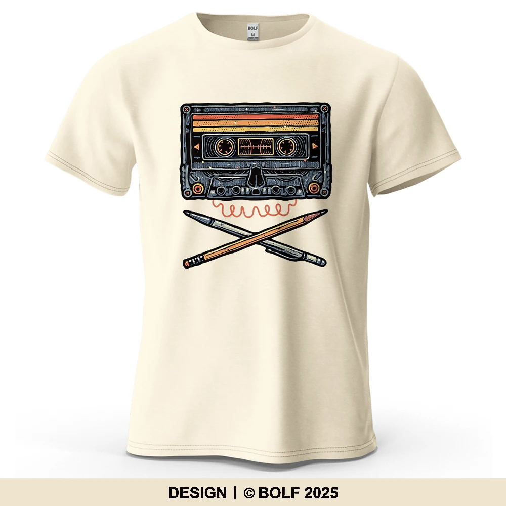 Retro Tape & Pens Nostalgic Printed Men's T-Shirt 100% Cotton Artistic Studio Graphic Tees for Women Tops Tees Streetwear
