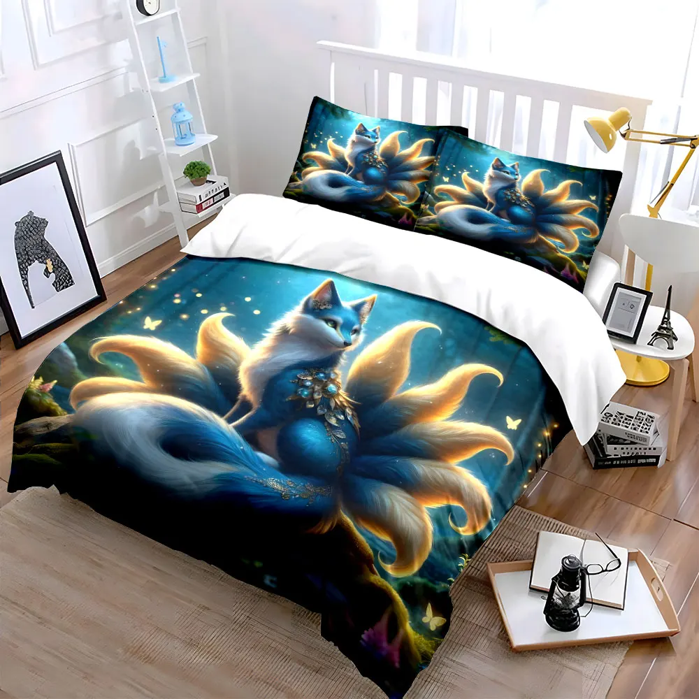 Mystical Blue Fox in Forest Bedding Set for Kids Luxury Gift 3pcs Digital Print Comforter Set Soft Comfortable Breathable