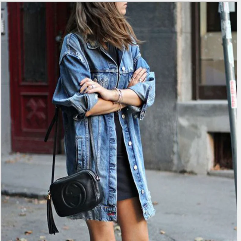 

2025 Women Popular Mid Length Dark Hole Denim Trench Coat Oversized Denim Jacket Women Long Jeans Jacket Blue Jean Jacket Fall