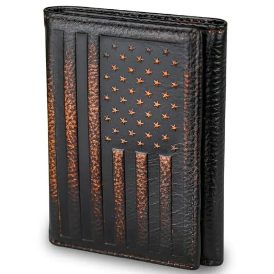 Carteras Trifold con Bandera de EE. UU. para Hombre, Cartera de Cuero de Grano Completo con Bandera Americana, Cartera Trifold con Acabado Artesanal, Bloqueo RFID