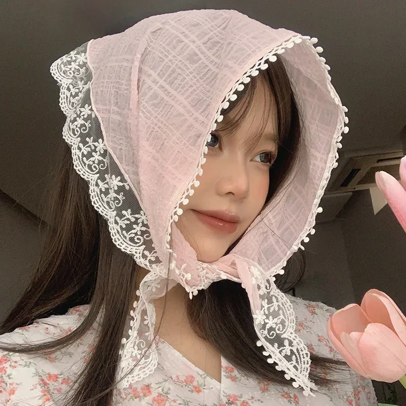 Summer Lace Triangle Headscarf Woman Headwear Korean Square Scarf Headband Hair Accessories Sweet Turban Cap Girl Court Bonnet