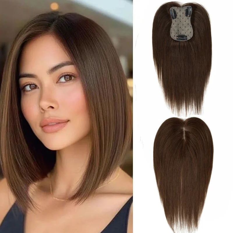 For Women With Thin Crown Hair Machine-Remy Human Hair Toppers With Clips Realistic Natural One Piece Daily Styling Wear