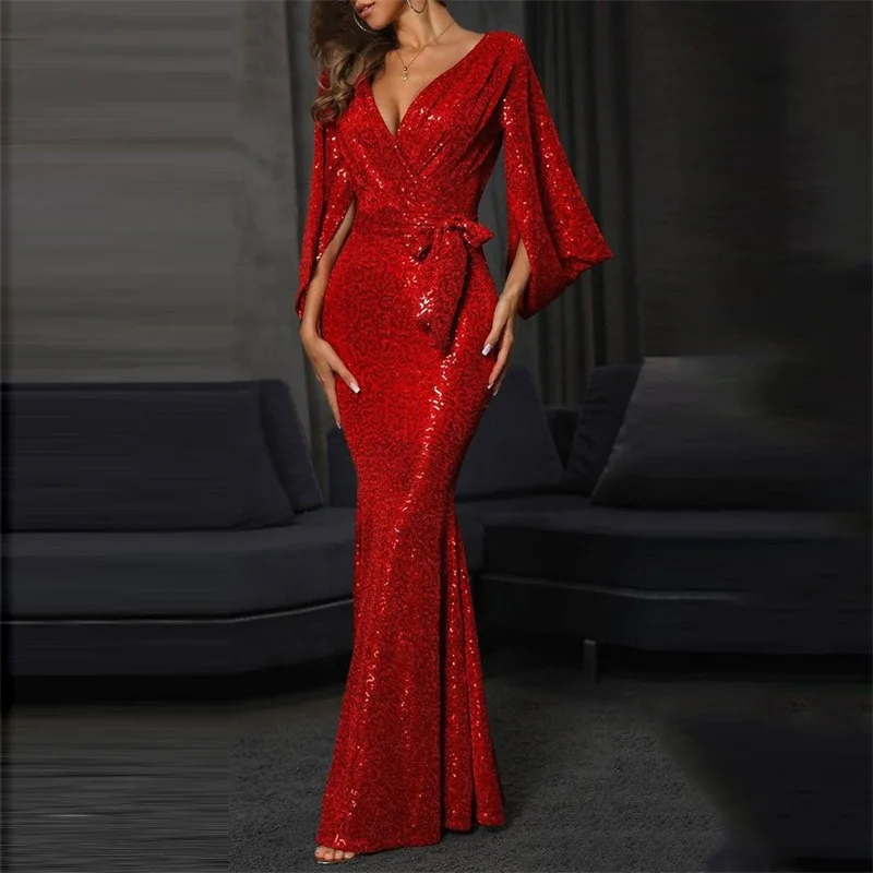 Payet Paillette tinggi Split wanita Prom gaun pinggang Deep-V Neck pesta gaun merah lengan panjang gaun malam desain baru dalam stok