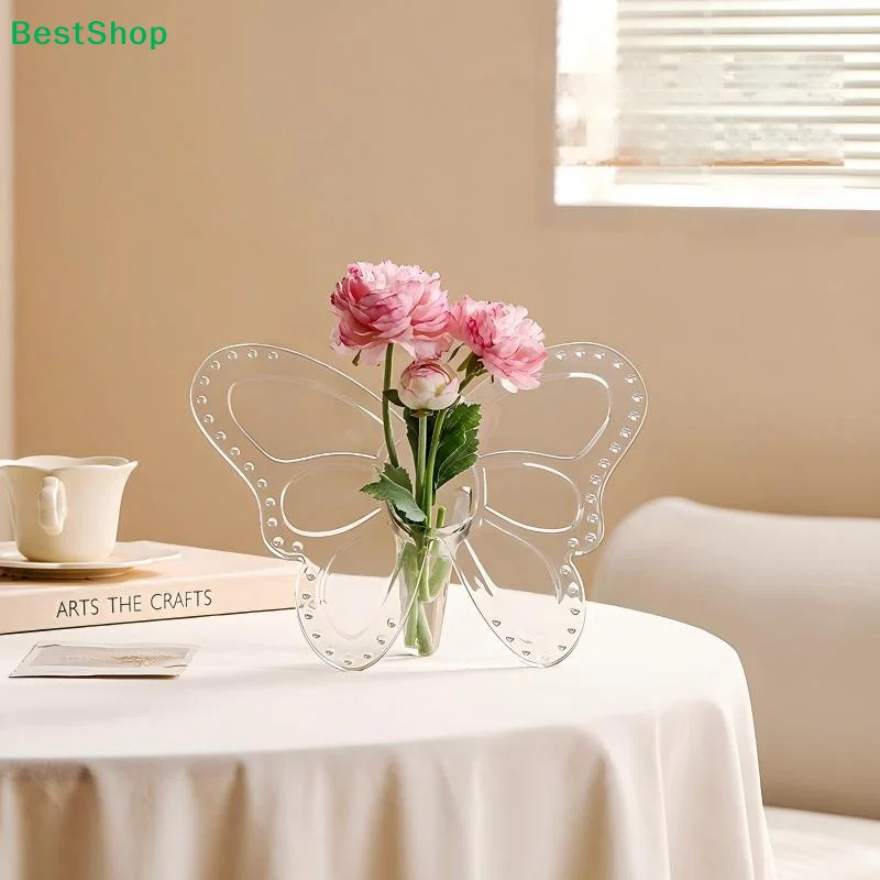 〔G〕Ins Style Butterfly Shaped Clear Vase Plastic Frame Vase Water Plant Flower Vase Decoration Home Living Room Desktop Ornament