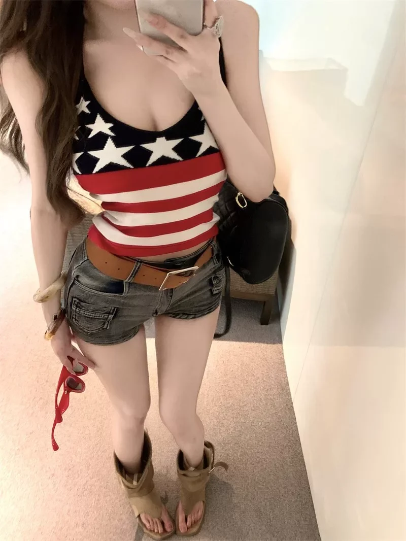 Korean Japanese Style Star Color Contrast Striped Halter Cami Top, Women Summer Slim Fit Backless Tank Top, Popular usa Style