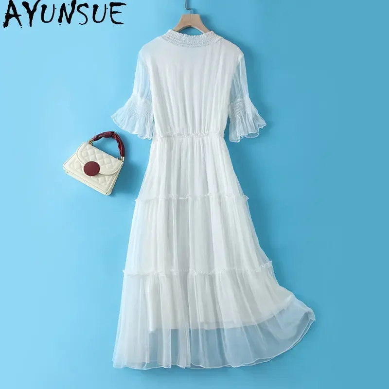 100% Mulberry Silk Dress Summer Long Slim Waist Wrapped Dresses For Women Beach Vacation Bohemian Dress Women's Clothing Платье