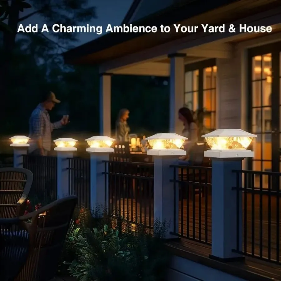 أضواء عمود الطاقة الشمسية في الهواء الطلق 8 حزمة LED دافئ أبيض بارد 2 طرق يناسب أعمدة خشبية 3.5x3.55x5 مثالية لسياج سطح الحديقة والشرفة و