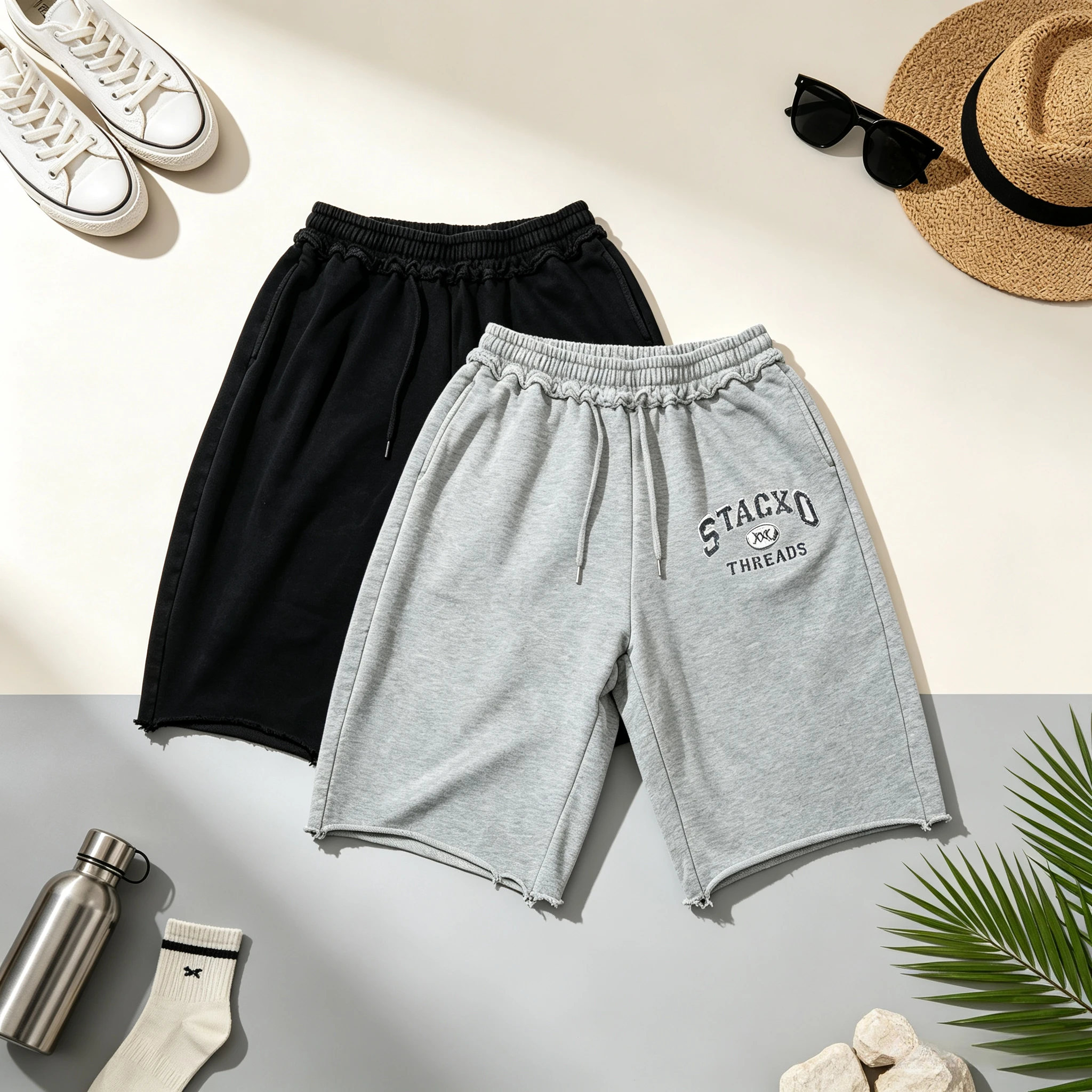 Vintage Stacko Threads Graphic Baggy Sweat Shorts Men Raw Cut Frill Waist Oversized Knee Length Y2K Skater Casual Jogger Shorts