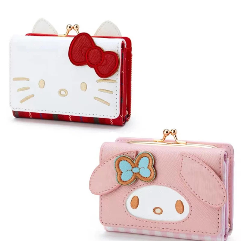 Sanrio Hello Kitty Bag Kawaii Cinnamon My Melody Kuromi Casual Fashion PU Leather Wallet Cute Folding Card Bags Birthday Gifts