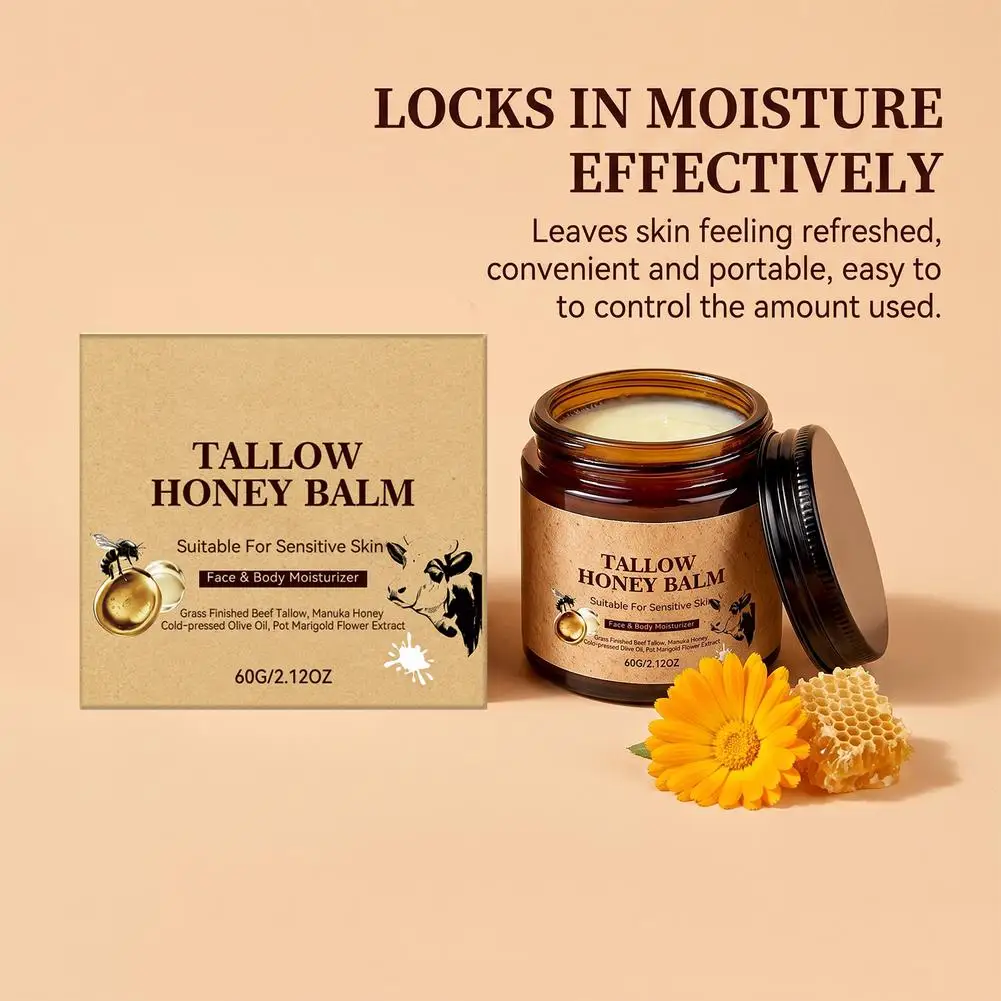 Tallow Honey Balm, 60g Face and Body Moisturizer,Deep Hydrating Skin Care Cream with Honey Essence Olive Oil for Dry Skin Care