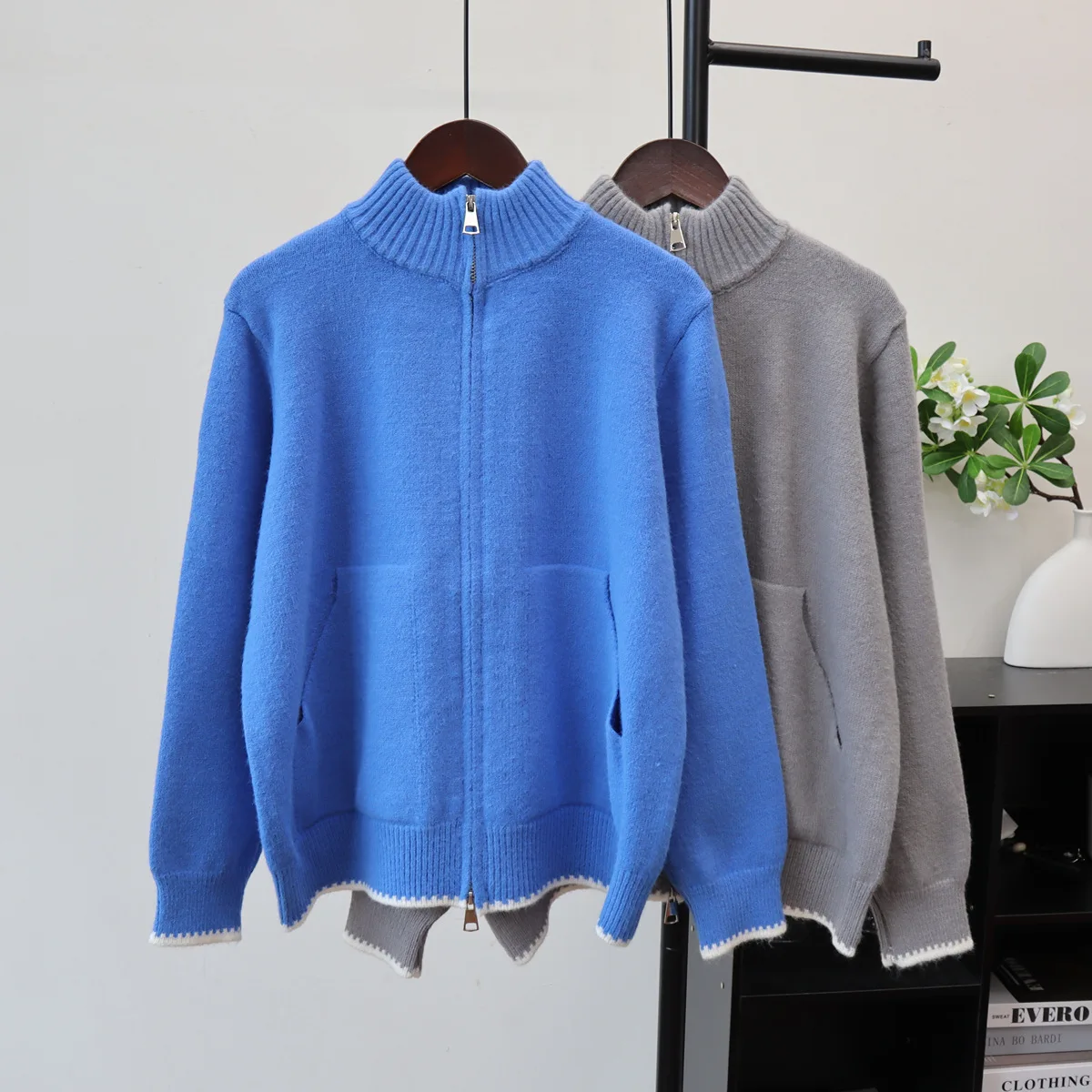 Elegante Frauen Doppel-reißverschluss Stricken Pullover Lange Hülse O-ansatz Lose Strickwaren Strickjacke Mantel Weibliche Warme Weiche Stricken Tops