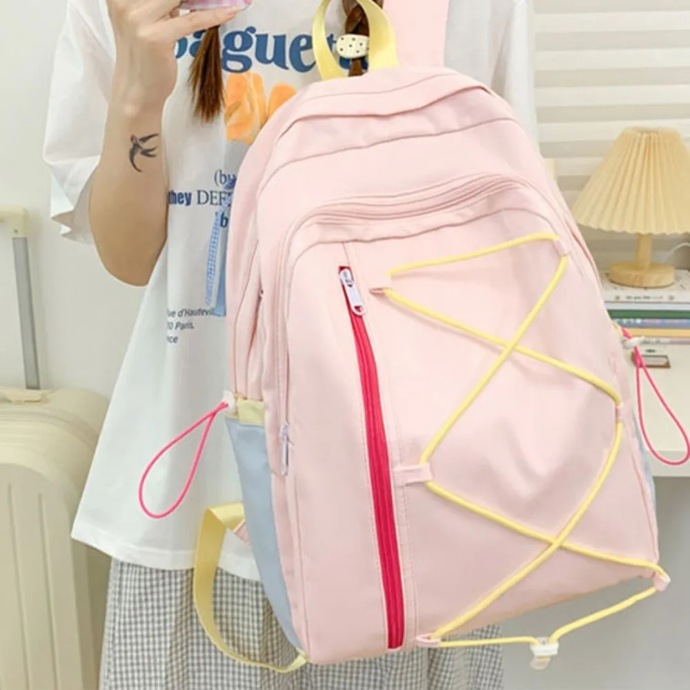 Multi-pockets Drawstring Backpack Large Capacity Solid Color Student School Bag Cloth Dopamine Travel Rucksack Teenage Youth