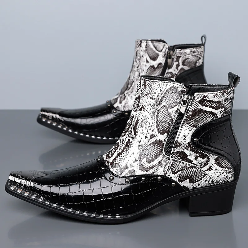 Mens Fashion Punk Side Zipper Chelsea Boots Pointed Toe Snake Pattern Leather British Style Comfortable Ankle Boots Plus Size 48