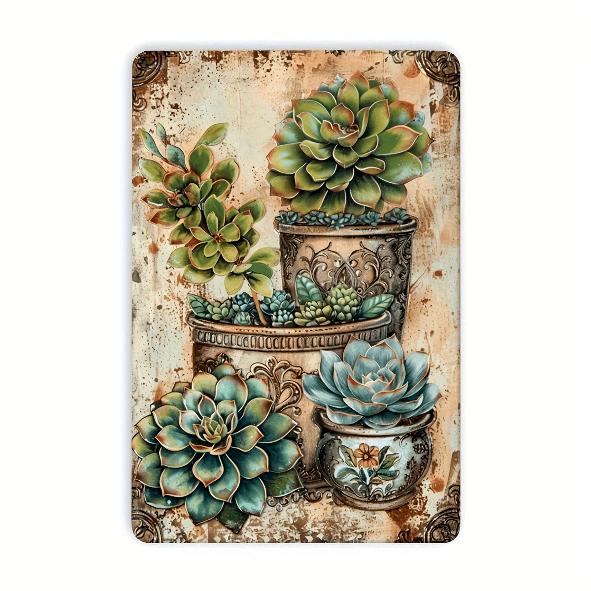 Vintage Succulent Plants Metal Wall Art - 20.32x30.48 cm Rustic Iron Engraved Decor with Pansy & Succulent Design, Distressed Wh