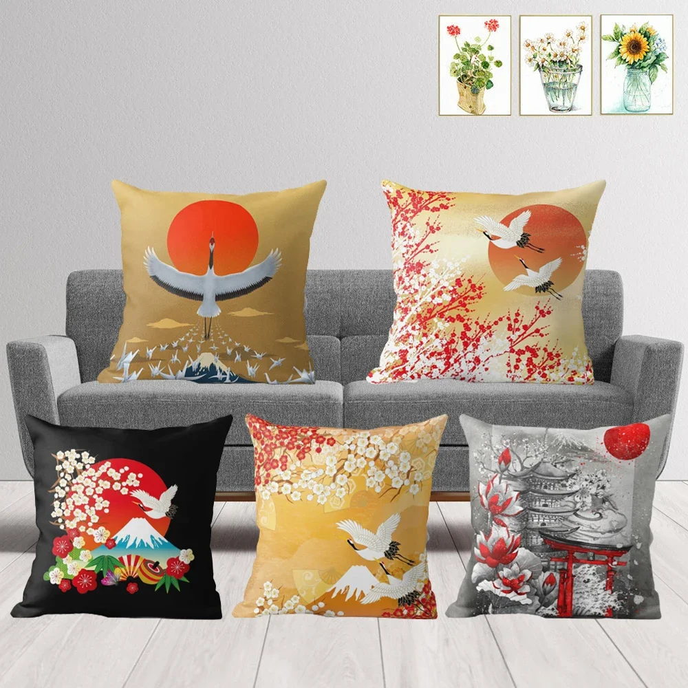 Chinese Style Cushion Cover Crane Print Home Decor Living Room Office Sofa Pillow  Peach Skin  case