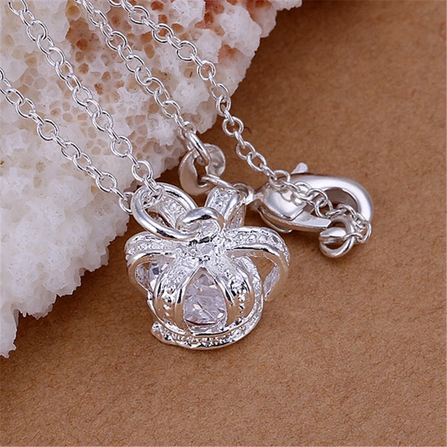 925 Sterling Silver Necklace For Women Shining Crystal Crown Pendant 18 Inches Christmas Gift High Quality Wedding Party Jewelry