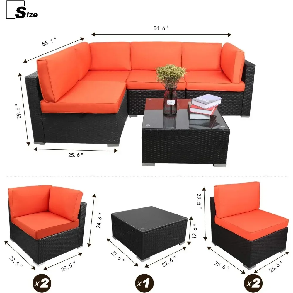 5PCs Patio PE Rattan Sectional Sofa, Outdoor Wicker Furniture Sets with Washable Couch Cushions & Coffee Table