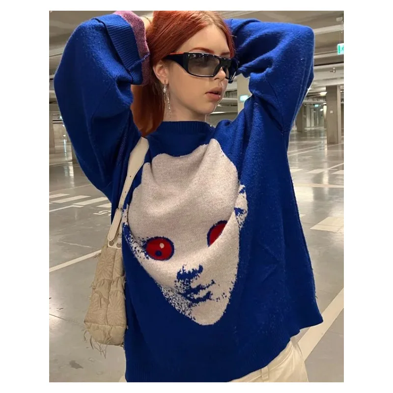 Autumn Unisex Harajuku Hip Hop Knit Pullover Sweater American Street Cartoon Print Loose Trendy Knitwear