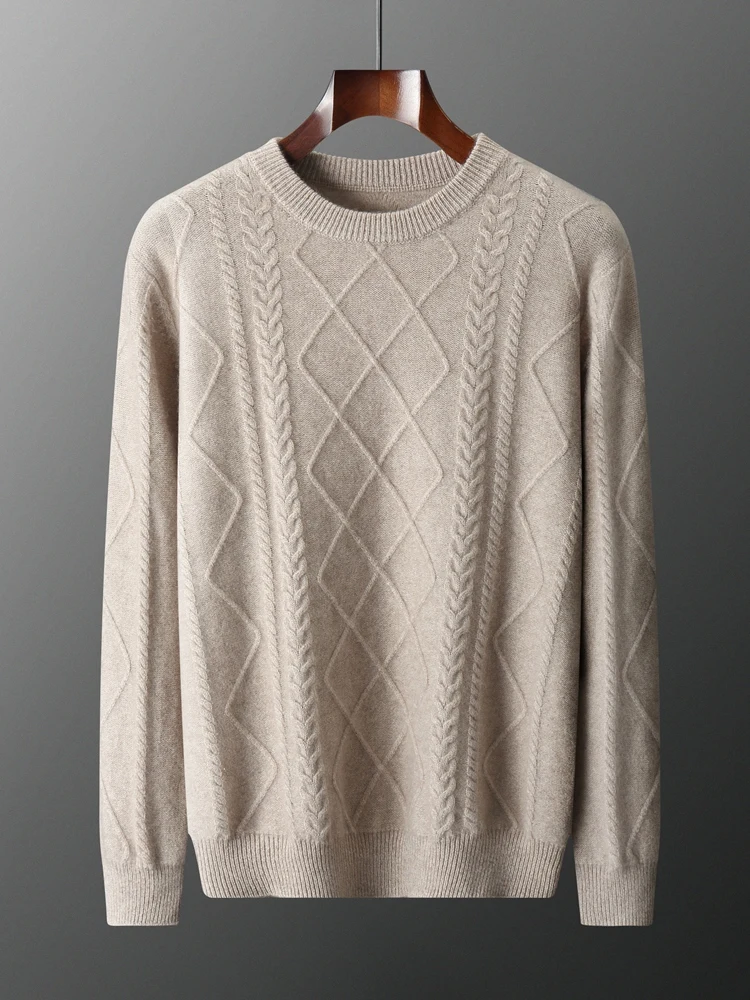 

TLOML Autumn Winter Men's 100% Cashmere Sweater O-neck Cable Knit Pullover Thick Soft Warm Cashmere Knitwear Smart Casual Tops