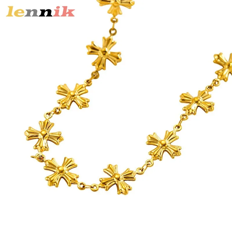 LENNIK النمط البيزنطي الروماني الرجعية الذهب منحوتة الصليب المرأة سوار قلادة ، عالية الجودة المتخصصة شخصية سلسلة مجوهرات