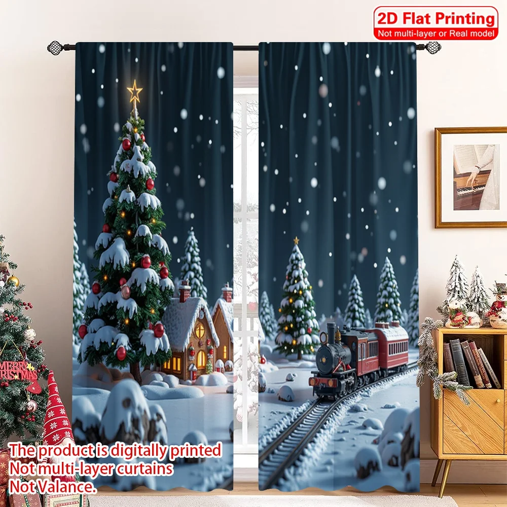 

2pcs 2D flat printing Merry Christmas Popular Drapes Christmas Village Train Scene Fabric Without Electricity Holiday