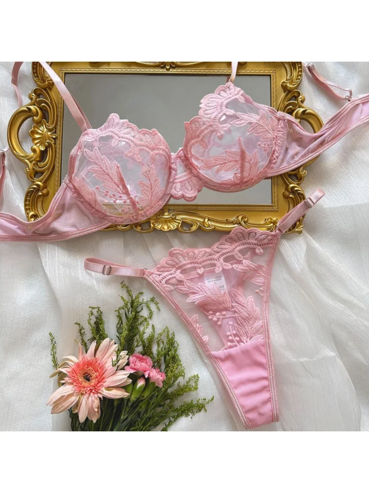Sexy embroidered see-through mesh lace push-up bikini lingerie set