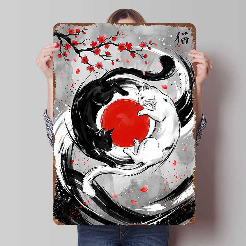 Yin Yang Katzen Japanische Kunst Blechposter Personalisierte Wandkunst Vintage Metallschilder Retro Blechtafel für Raumaccessoires Haus