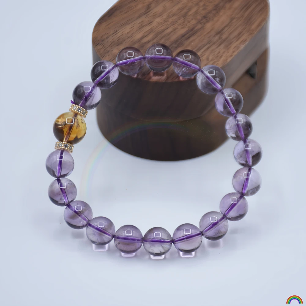 Natural Bolivian Amethyst Bracelet, Yellow Tourmaline, Purple Aurora, Good Luck Crystal Bracelet for Women, Rwbuy