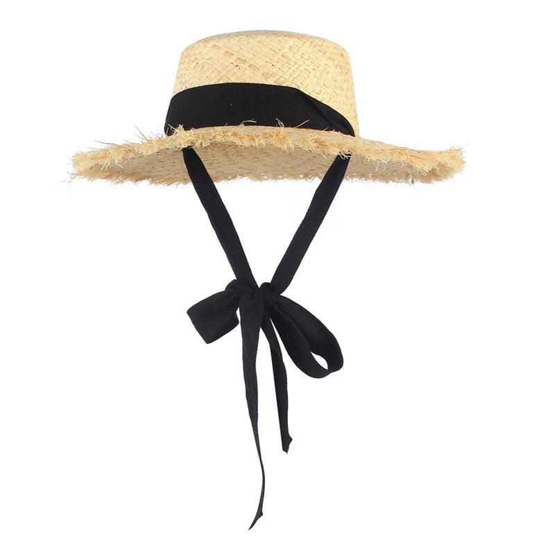 

Летняя соломенная шляпа из рафии с широкими полями для женщин, пляжные солнцезащитные шляпы с плоским верхом и защитой от ультрафиолета
