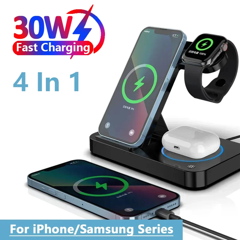 4 in 1 30W Foldable Wireless Charging Station For iPhone 15 14 13 12 Pro Max Apple Watch 8/7/6 Samsung Galaxy 5/4/3 Fast Charger