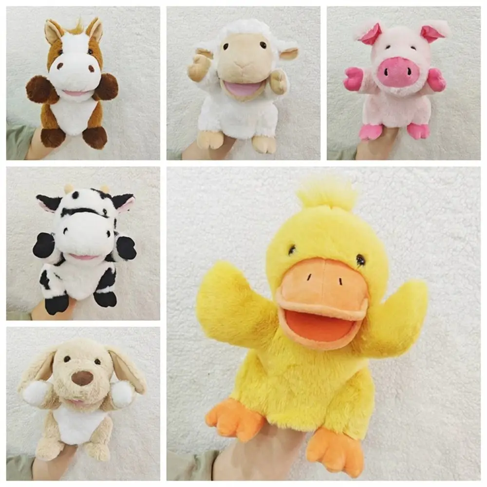 Crianças brinquedo móvel bocas abertas fantoches animais de pelúcia vaca pato porco cão cavalo ovelha recheado mão boneca mão macio ensino