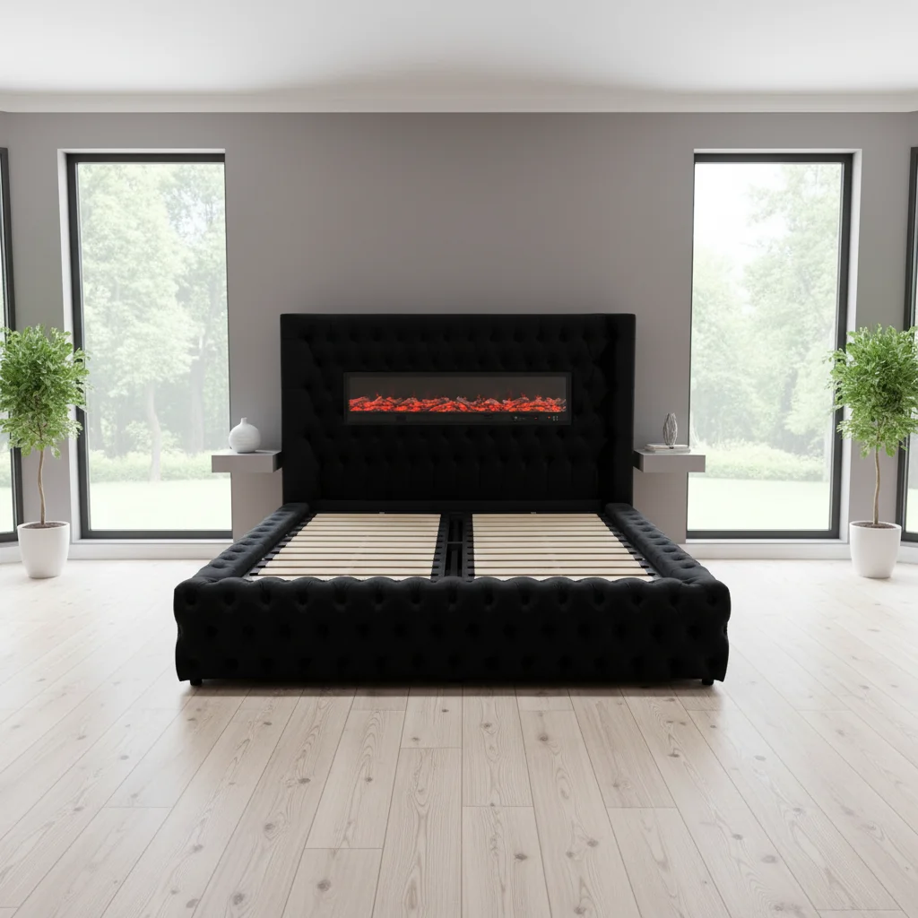 

# Modern Tufted Soft Bed Set Storage Bluetooth Audio System Fireplace Lamp-King/Queen Size Adjustable Durable Bedroom Furniture