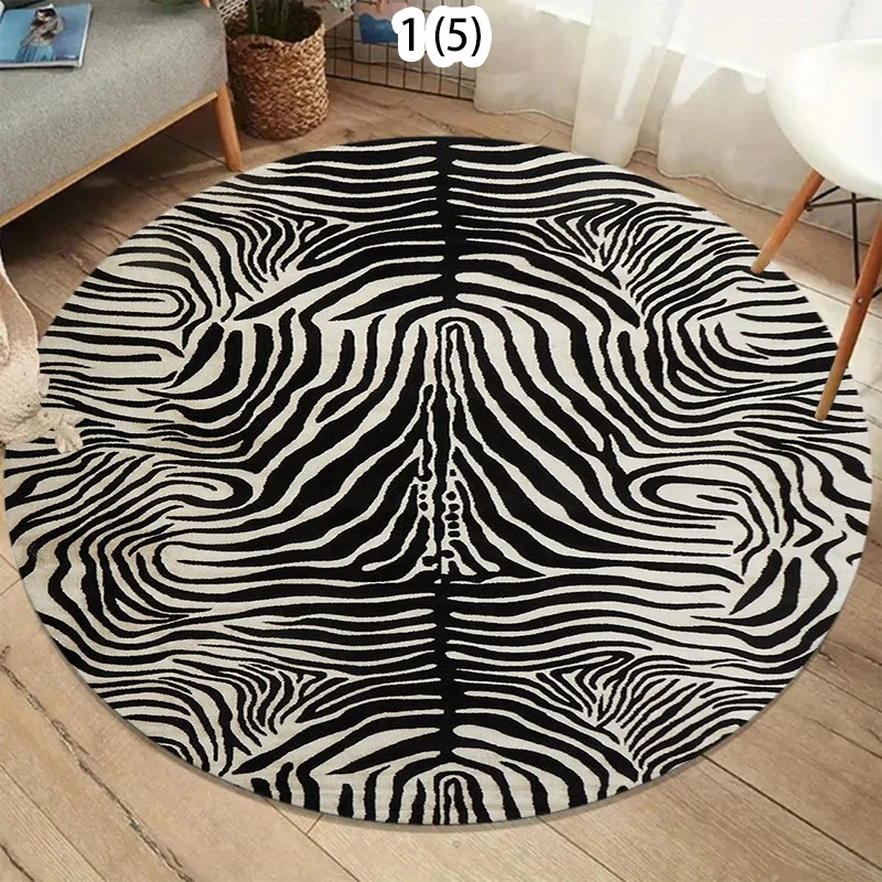 Classic Black White Zebra Print Round Rug Non Slip Animal Floor Mat Modern Striped Carpet for Living Room Bedroom
