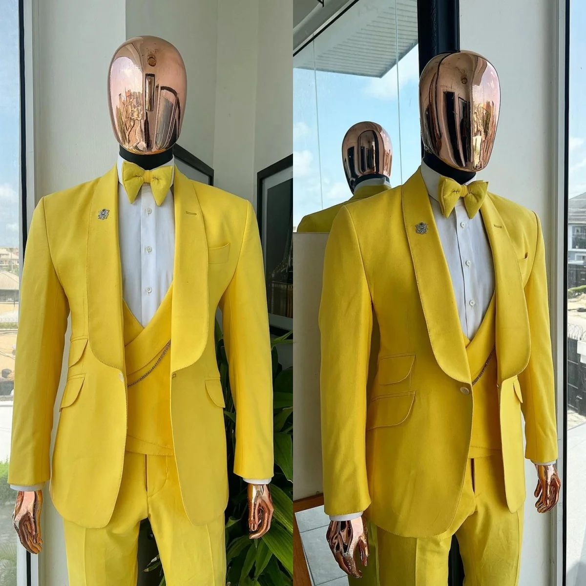 Spring Yellow Men Pants Suits 3 Pieces Shawl Lapel Prom Wedding Tuxedos Groom Wear Plus Size Costume Homme