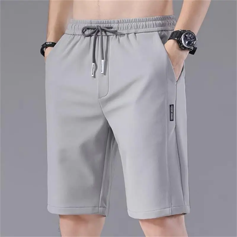 2024 Summer Men'S Sports Shorts Solid Color Straight Pattern Loose Type Elastic Waist Drawstring Casual Shorts Jogging Pants