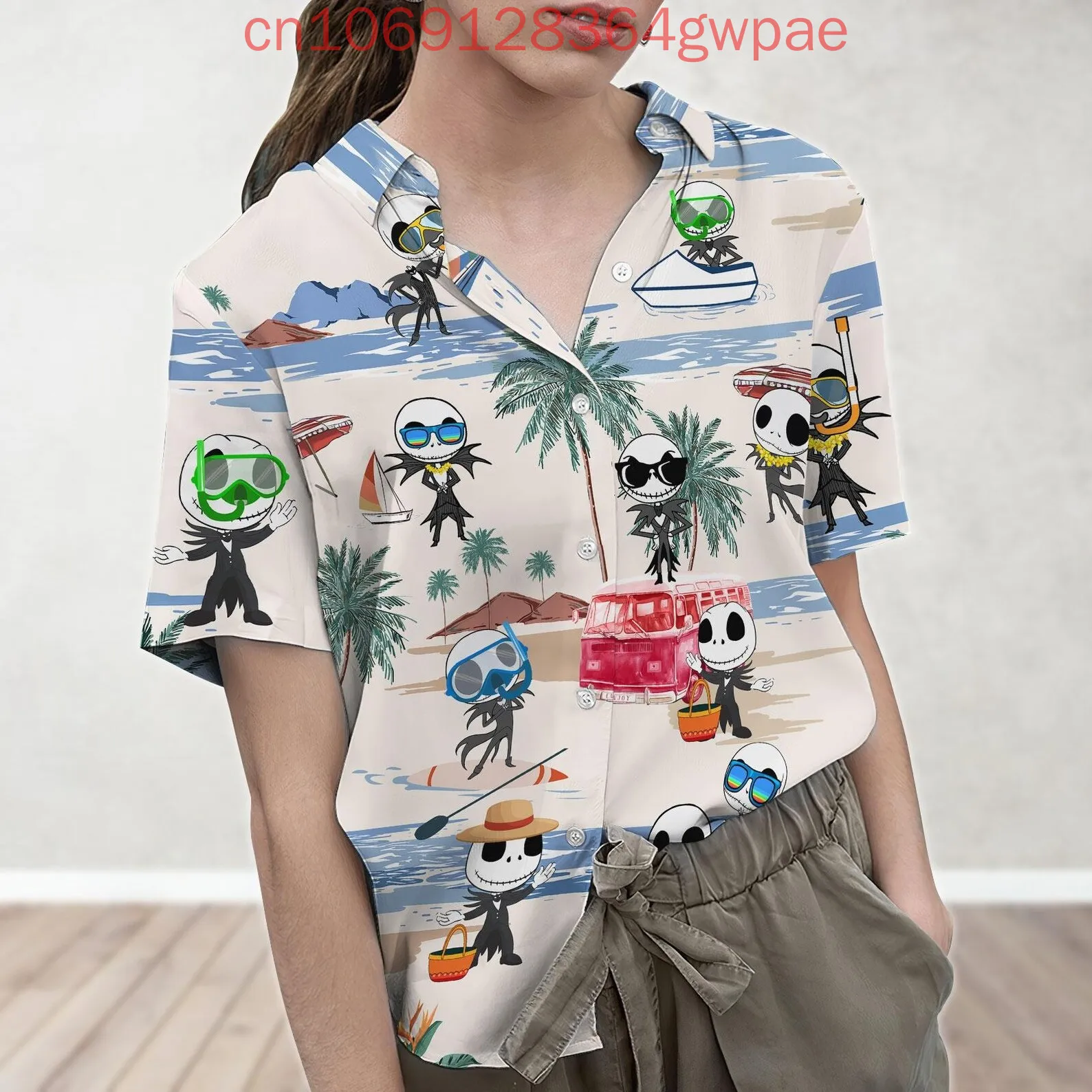 قميص ديزني ذا كابوس قبل جاك سكيلينجتون النسائي هاواي صيفي كاجوال أنيق بأكمام قصيرة للشاطئ