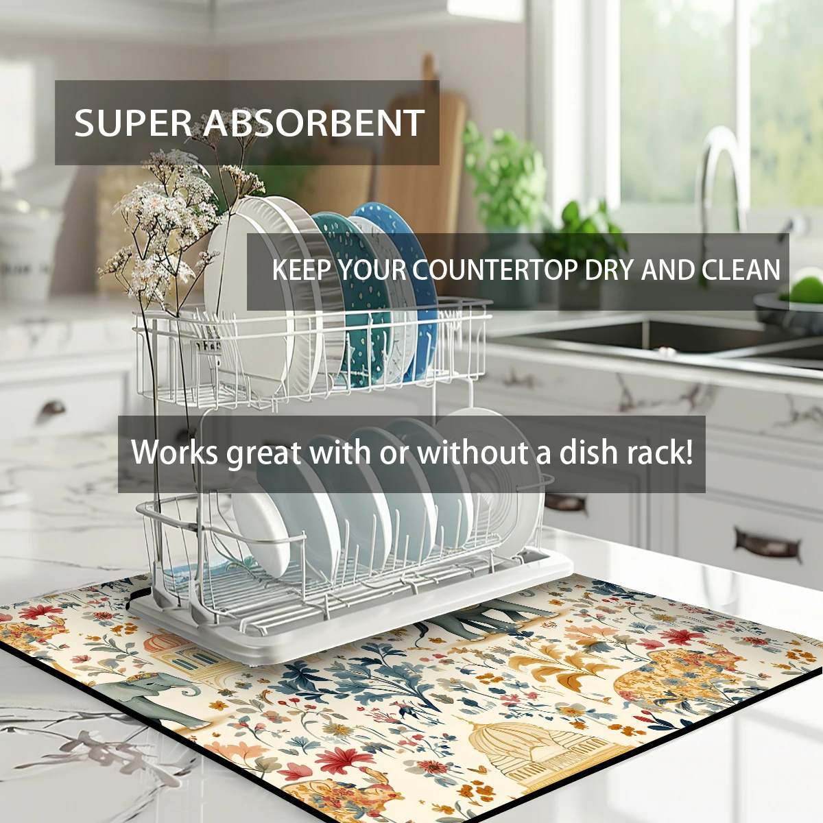 Absorbent Coffee Mat Dish Draining Mat Elephants Build Kitchen Drying Mat Quick Dry Bathroom Drain Pad Kitchen Faucet Placemat