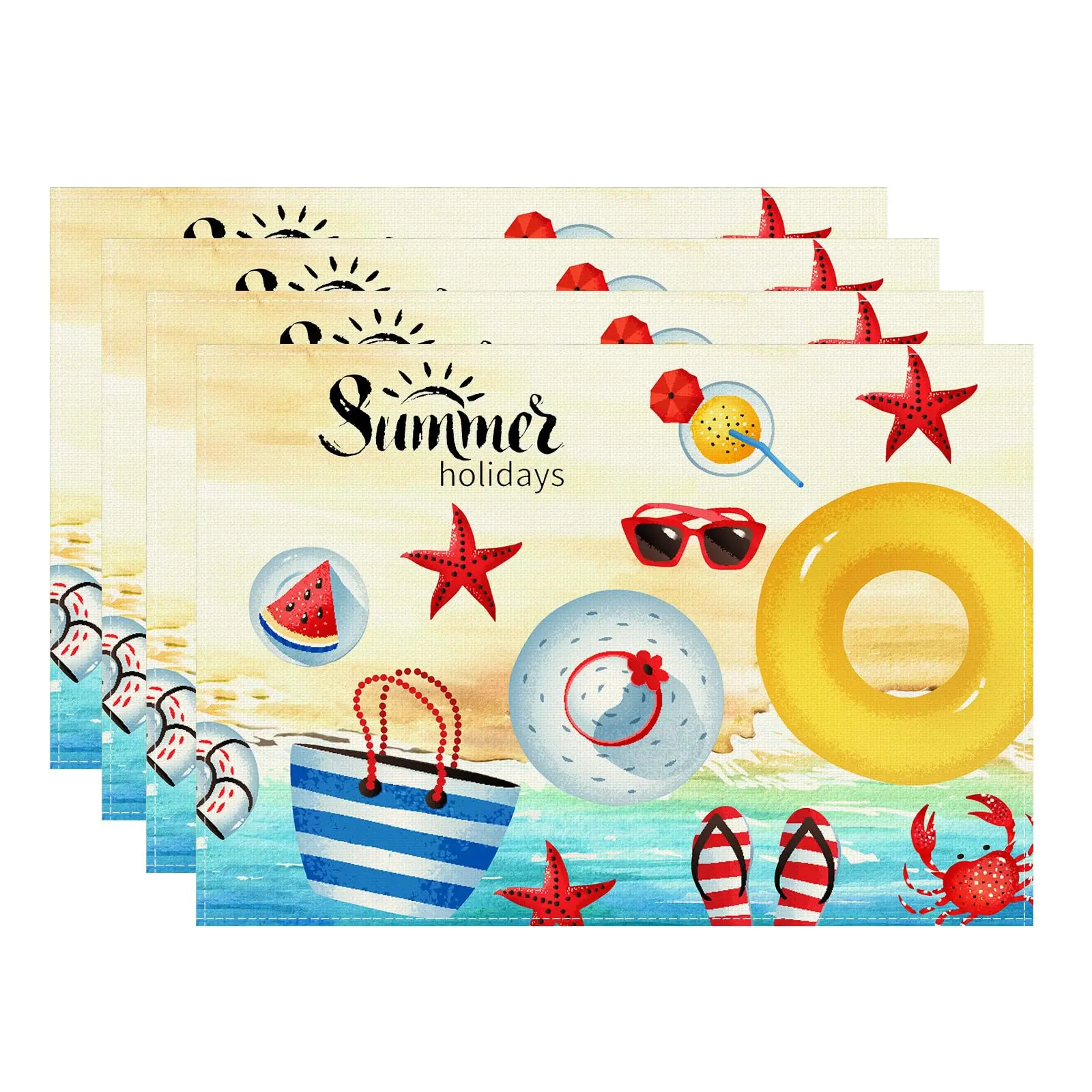 Summer Beach Swim Ring Flip Flops Seaside Themed Placemats Table Mats 12x18 Inch
