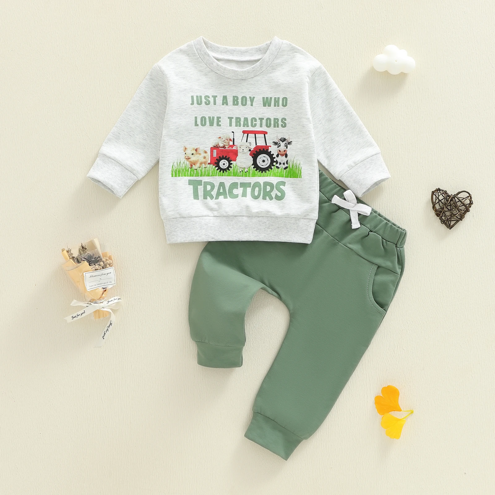 

Toddler Baby Boy Fall Tracksuit Outfit Tractor Animal Letter Print Long Sleeve Sweatshirt and Solid Pants 2 Piece Set