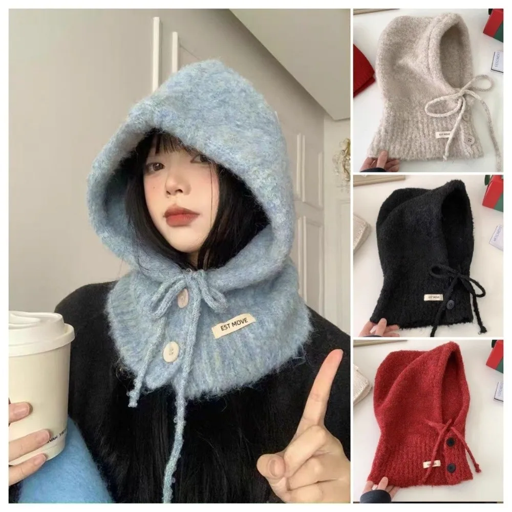 Fashion Thicken Knitted Balaclava Warm Drawstring Hooded Scarf Cap Soft Windproof Coldproof Neckerchief Hat Women Girl