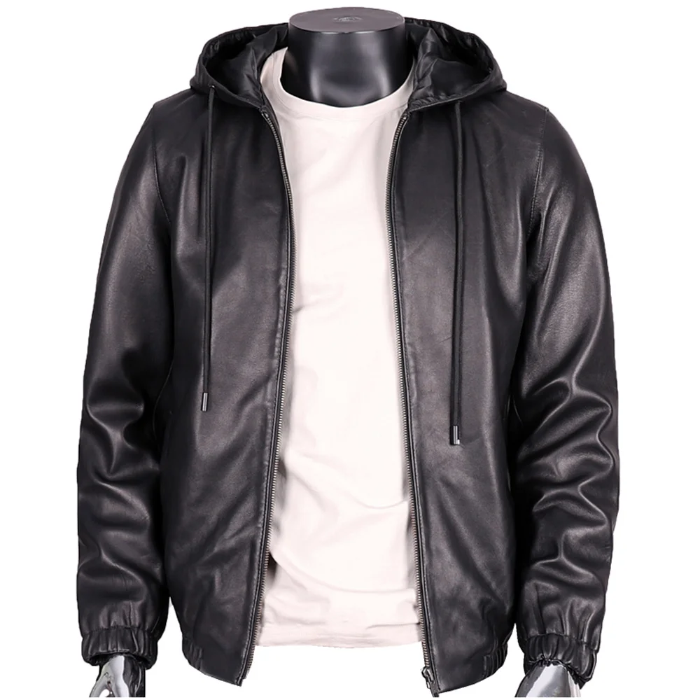 

Quality Mens Hooded High Coats Sheepskin Jackets Simple Fashion Natural Soft Genuine Leather Coat With Cap Streetwear