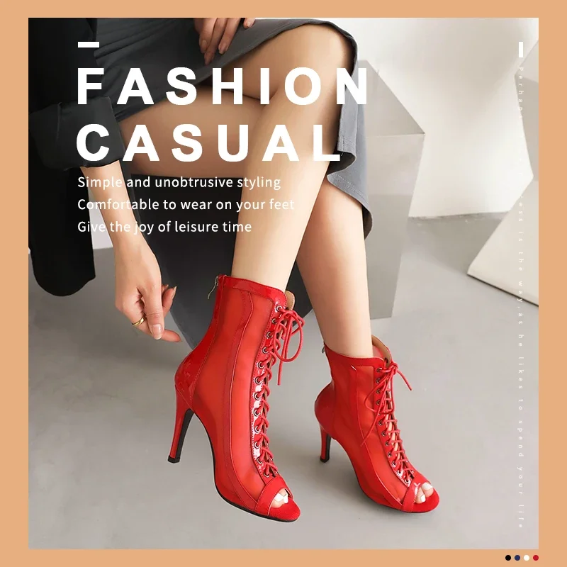 Ladies Leather Boots Fashion Open Toe Ankle  Sexy The Grid Female High Heels Lace Up Shoes